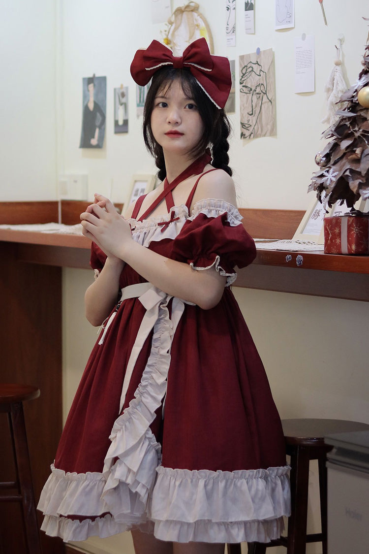Lolita JSK Dress - Monet Estate, Red, High Waist, Gothic Style, Bow Detail - additional product view 17