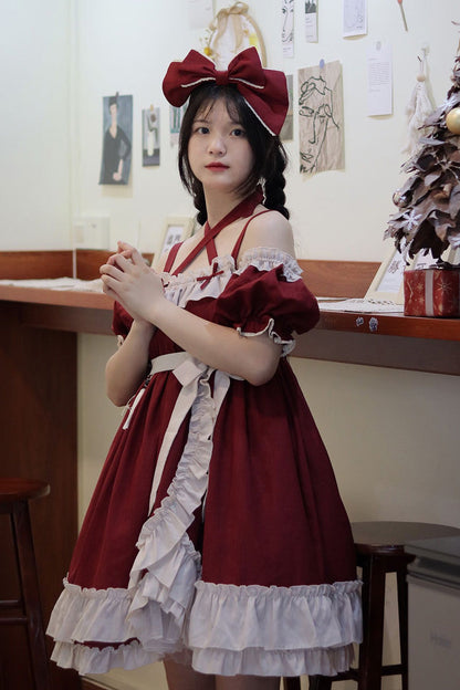 Lolita JSK Dress - Monet Estate, Red, High Waist, Gothic Style, Bow Detail - additional product view 17