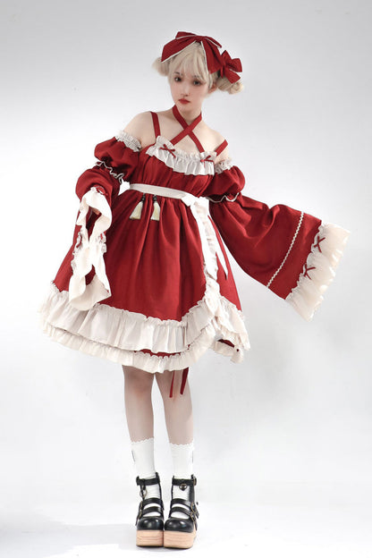 Lolita JSK Dress - Monet Estate, Red, High Waist, Gothic Style, Bow Detail - main product image