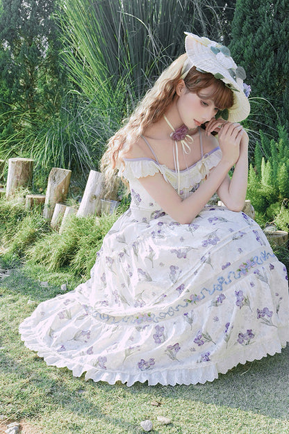 Lolita JSK Dress - Moonlight Iris, Ivory, Ruffled, Printed, Embroidered - additional product view 4