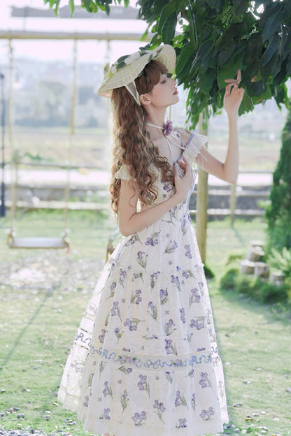 Lolita JSK Dress - Moonlight Iris, Ivory, Ruffled, Printed, Embroidered - additional product view 6