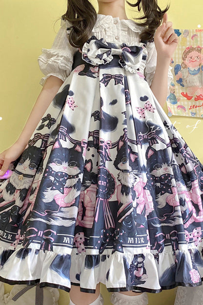 Lolita JSK Dress - Multi-color Cow Cat Print, Multi-Color, Sweet Style, Bow Detail - additional product view 2