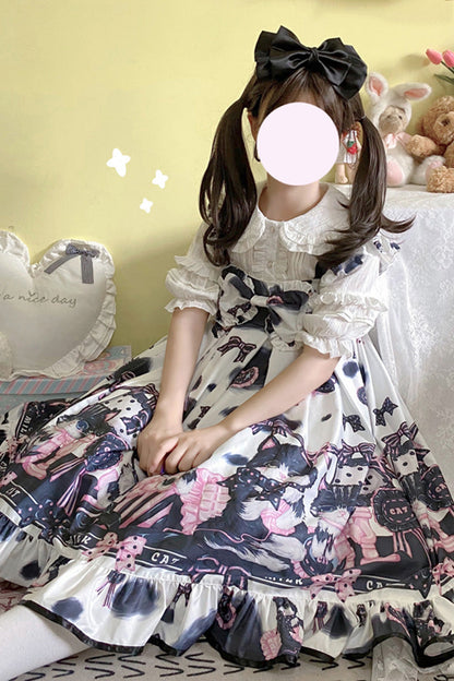 Lolita JSK Dress - Multi-color Cow Cat Print, Multi-Color, Sweet Style, Bow Detail - additional product view 3