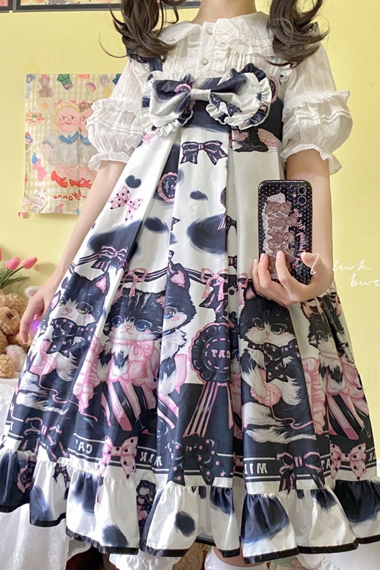 Lolita JSK Dress - Multi-color Cow Cat Print, Multi-Color, Sweet Style, Bow Detail - additional product view 4