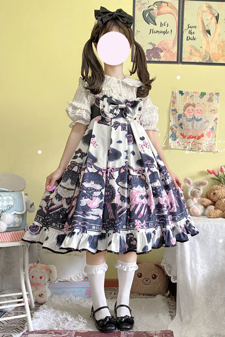 Lolita JSK Dress - Multi-color Cow Cat Print, Multi-Color, Sweet Style, Bow Detail - main product image