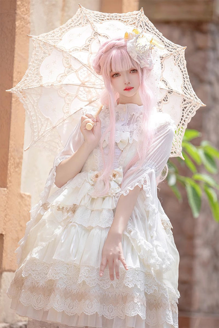 Lolita JSK Dress - Multi-layer, 2 Colors, Printed, Sweet Style, Bow Detail - S White / M White / L White option