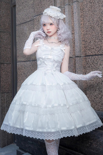 Lolita JSK Dress - Multi-layer Ruffle Bowknot, White, Sweet Style, Bow Detail, Ruffled - additional product view 2