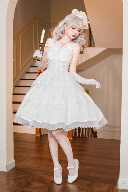 Lolita JSK Dress - Multi-layer Ruffle Bowknot, White, Sweet Style, Bow Detail, Ruffled - additional product view 4