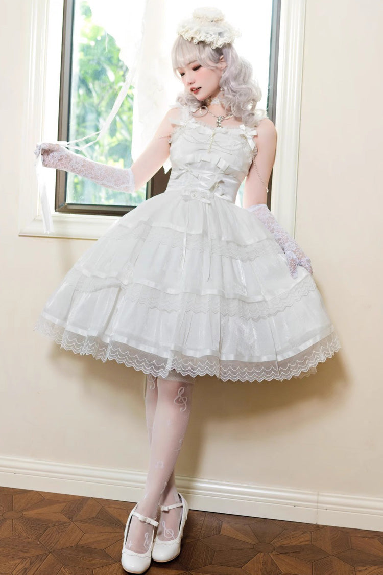 Lolita JSK Dress - Multi-layer Ruffle Bowknot, White, Sweet Style, Bow Detail, Ruffled - additional product view 5