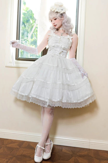 Lolita JSK Dress - Multi-layer Ruffle Bowknot, White, Sweet Style, Bow Detail, Ruffled - additional product view 5
