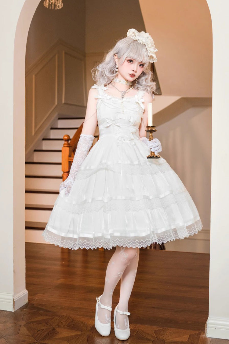 Lolita JSK Dress - Multi-layer Ruffle Bowknot, White, Sweet Style, Bow Detail, Ruffled - additional product view 6