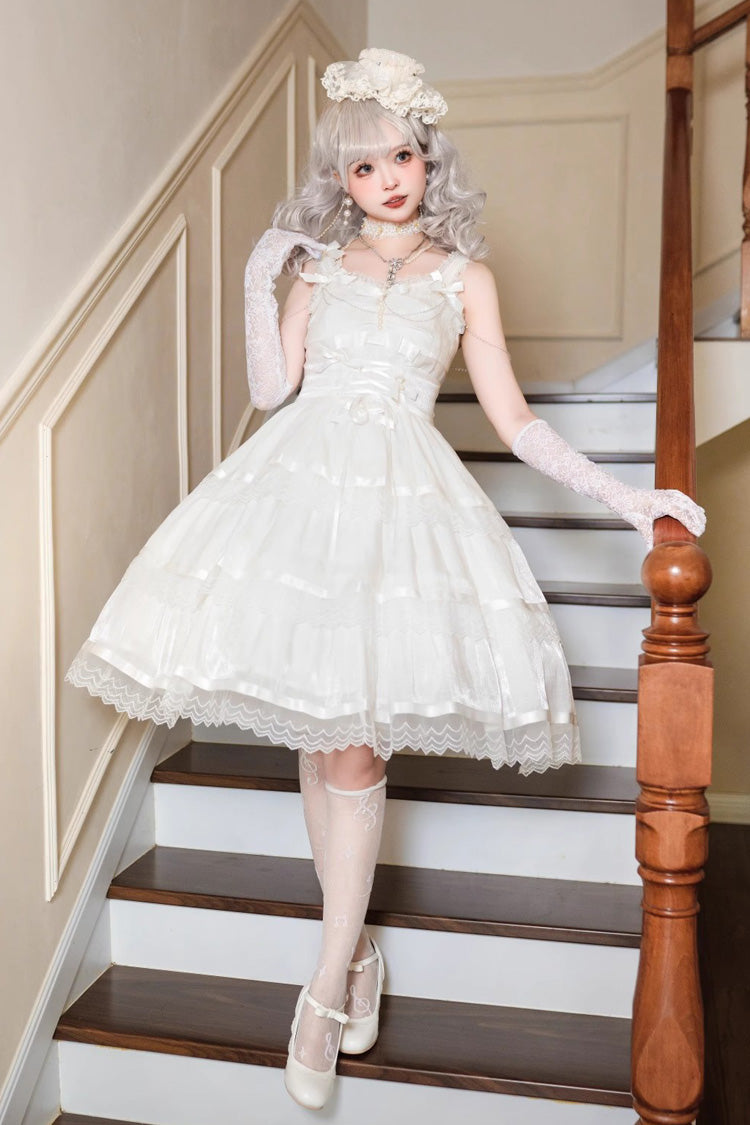 Lolita JSK Dress - Multi-layer Ruffle Bowknot, White, Sweet Style, Bow Detail, Ruffled - additional product view 7