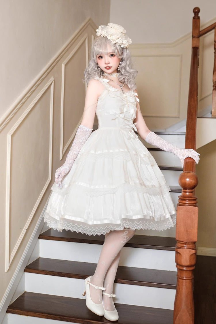 Lolita JSK Dress - Multi-layer Ruffle Bowknot, White, Sweet Style, Bow Detail, Ruffled - additional product view 8