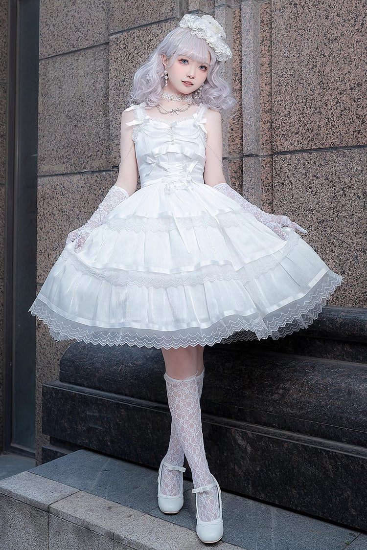 Lolita JSK Dress - Multi-layer Ruffle Bowknot, White, Sweet Style, Bow Detail, Ruffled - additional product view 9