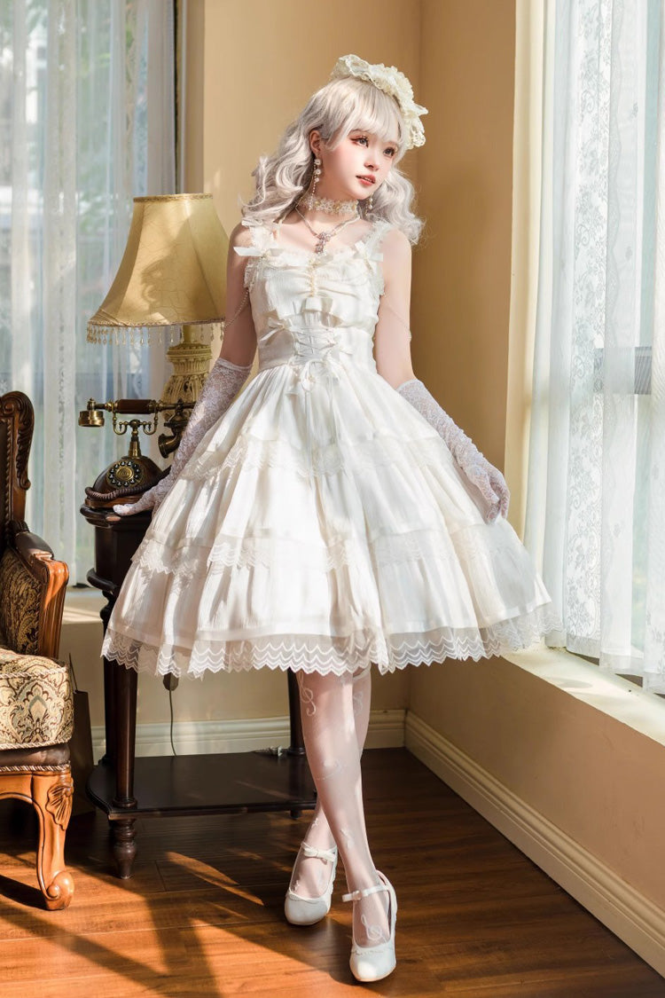 Lolita JSK Dress - Multi-layer Ruffle Bowknot, White, Sweet Style, Bow Detail, Ruffled - main product image