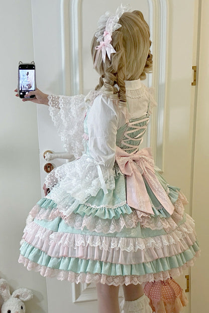 Lolita JSK Dress - Multi-layered, Green, Sweet Style, Bow Detail, Lace Trim - additional product view 2