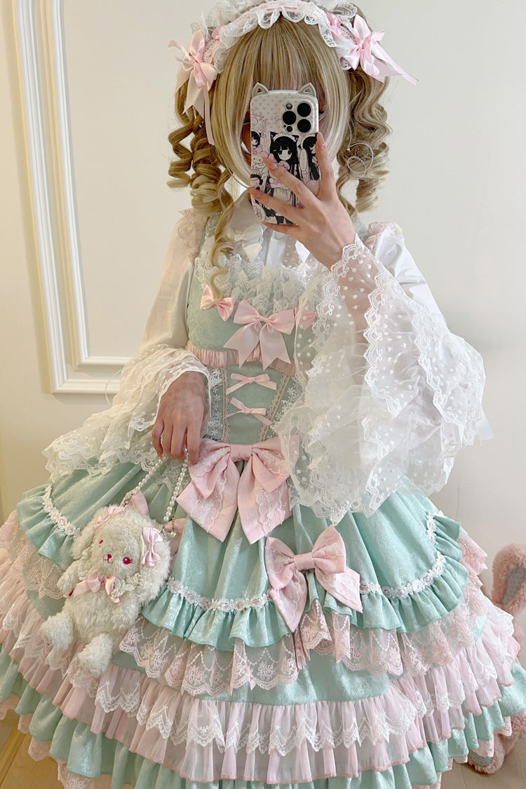 Lolita JSK Dress - Multi-layered, Green, Sweet Style, Bow Detail, Lace Trim - additional product view 3