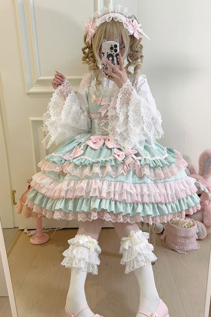 Lolita JSK Dress - Multi-layered, Green, Sweet Style, Bow Detail, Lace Trim - additional product view 4