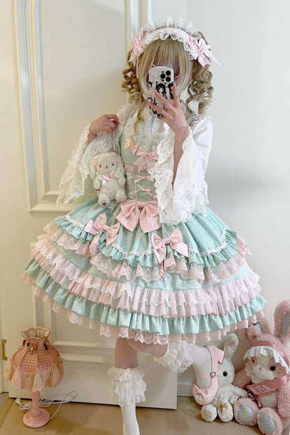 Lolita JSK Dress - Multi-layered, Green, Sweet Style, Bow Detail, Lace Trim - additional product view 7