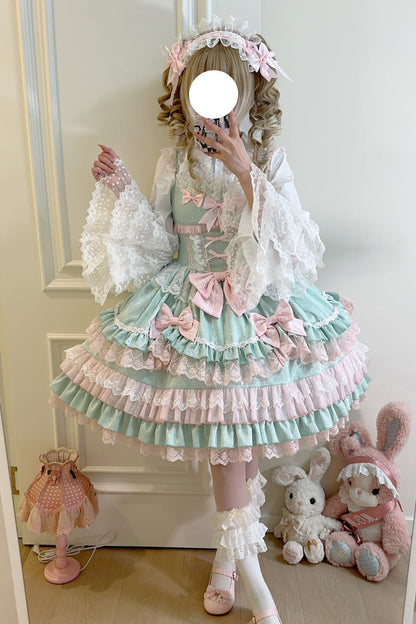 Lolita JSK Dress - Multi-layered, Green, Sweet Style, Bow Detail, Lace Trim - additional product view 8