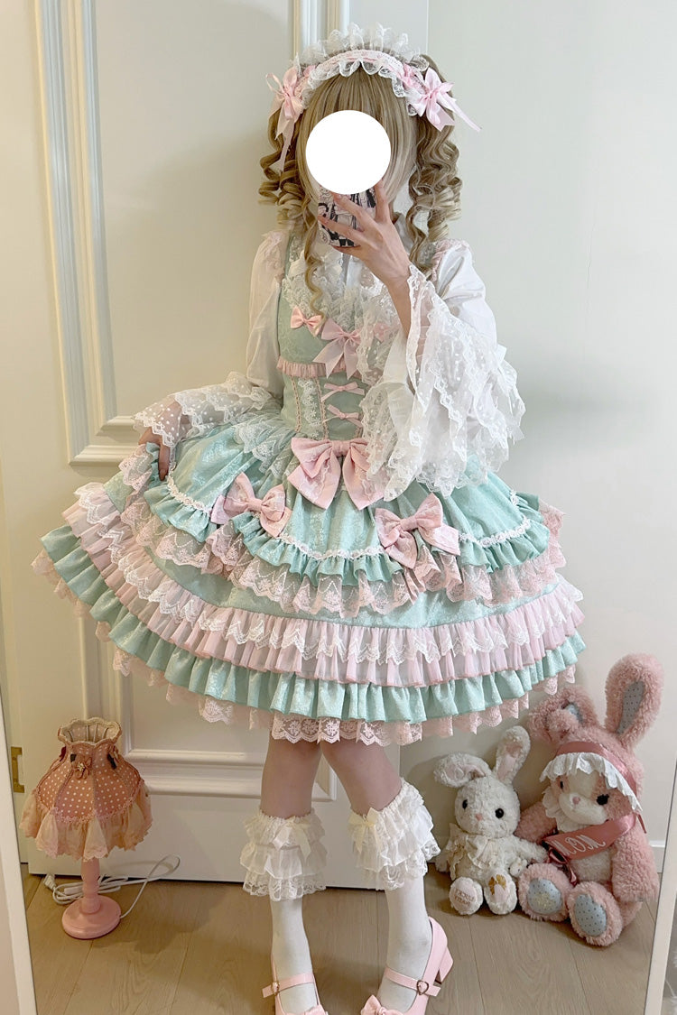 Lolita JSK Dress - Multi-layered, Green, Sweet Style, Bow Detail, Lace Trim - main product image