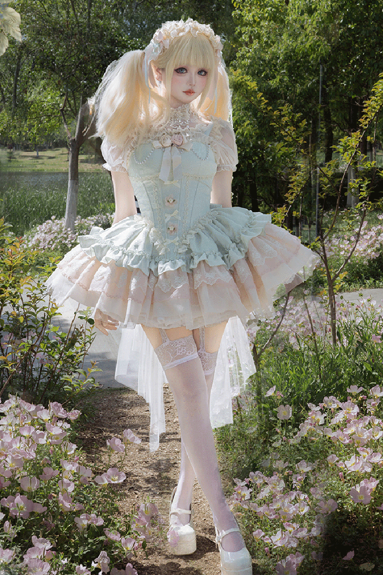 Lolita JSK Dress - Multi-layered Ruffle Bowknot, Green, Bow Detail, Lace Trim, Ruffled - additional product view 2