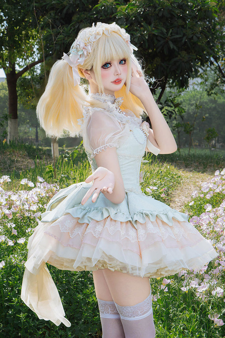 Lolita JSK Dress - Multi-layered Ruffle Bowknot, Green, Bow Detail, Lace Trim, Ruffled - additional product view 3