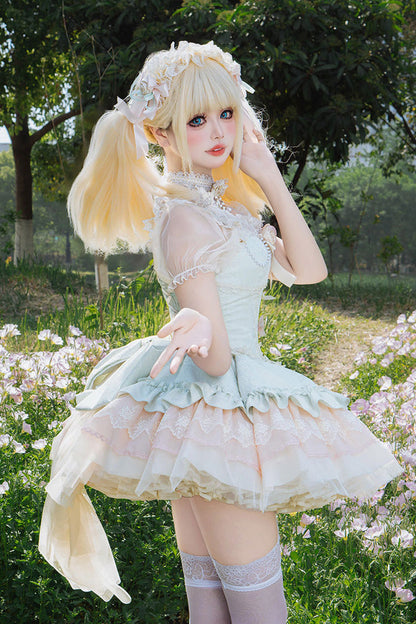 Lolita JSK Dress - Multi-layered Ruffle Bowknot, Green, Bow Detail, Lace Trim, Ruffled - additional product view 3