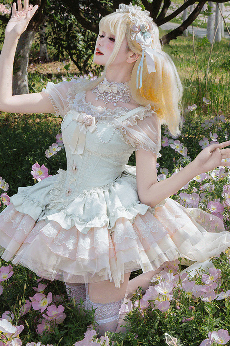 Lolita JSK Dress - Multi-layered Ruffle Bowknot, Green, Bow Detail, Lace Trim, Ruffled - additional product view 4