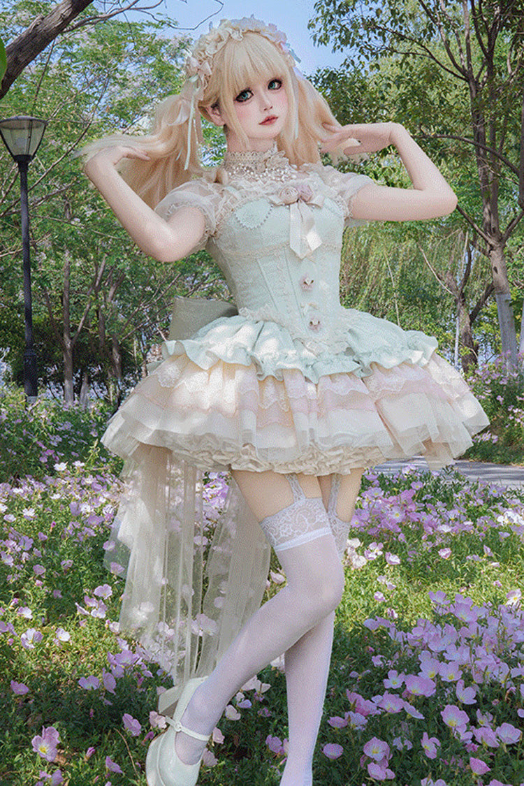 Lolita JSK Dress - Multi-layered Ruffle Bowknot, Green, Bow Detail, Lace Trim, Ruffled - additional product view 5