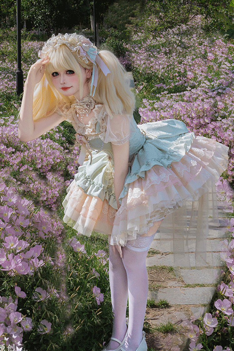 Lolita JSK Dress - Multi-layered Ruffle Bowknot, Green, Bow Detail, Lace Trim, Ruffled - additional product view 6