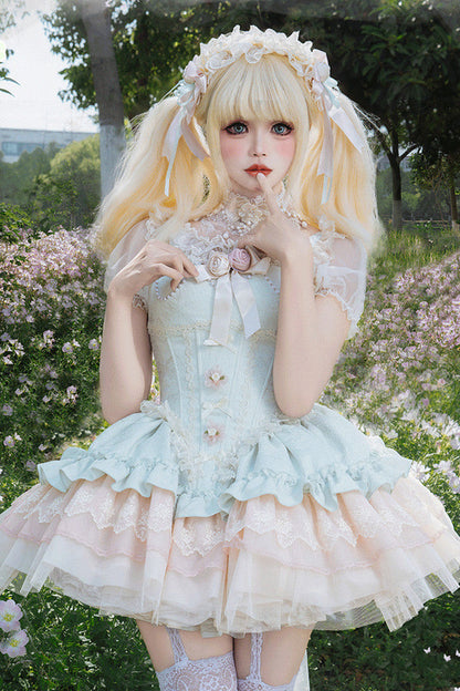 Lolita JSK Dress - Multi-layered Ruffle Bowknot, Green, Bow Detail, Lace Trim, Ruffled - main product image