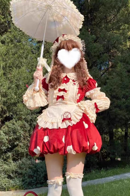 Lolita JSK Dress - Mushrooms Print, Red, Bow Detail, Printed, Sweet Style - additional product view 3