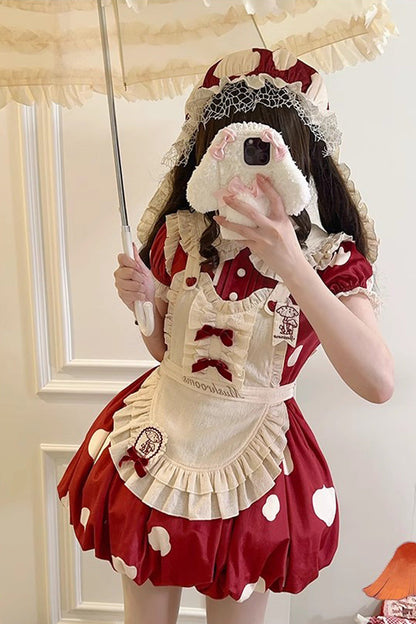 Lolita JSK Dress - Mushrooms Print, Red, Bow Detail, Printed, Sweet Style - additional product view 6