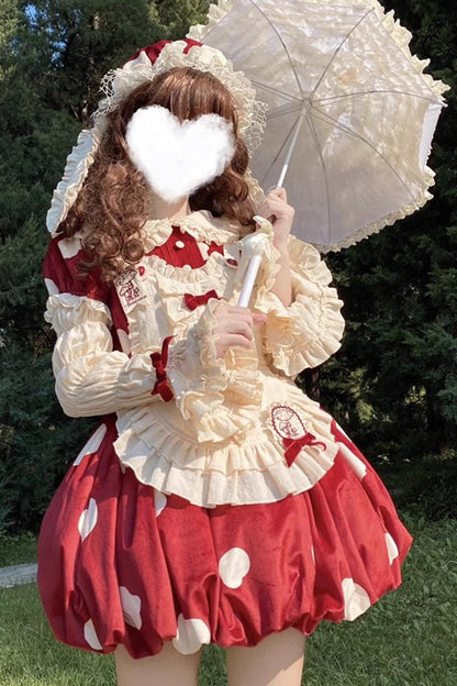 Lolita JSK Dress - Mushrooms Print, Red, Bow Detail, Printed, Sweet Style - main product image