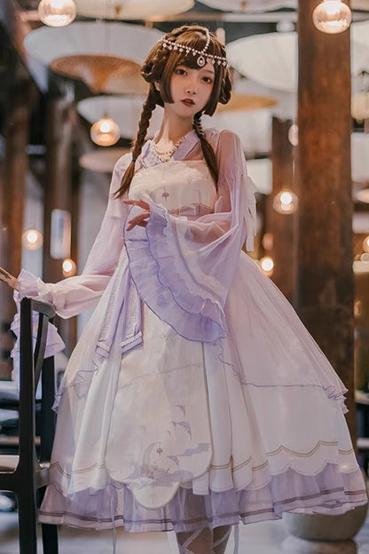 Lolita JSK Dress - Night And The Oriole, 2 Colors, Ruffled, Printed, Sweet Style - S Purple / M Purple / L Purple option