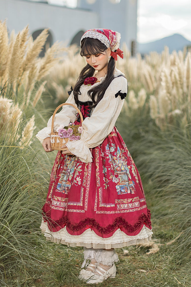 Lolita JSK Dress - Ode To Plenty, Red, Bow Detail, Ruffled, Printed - additional product view 2