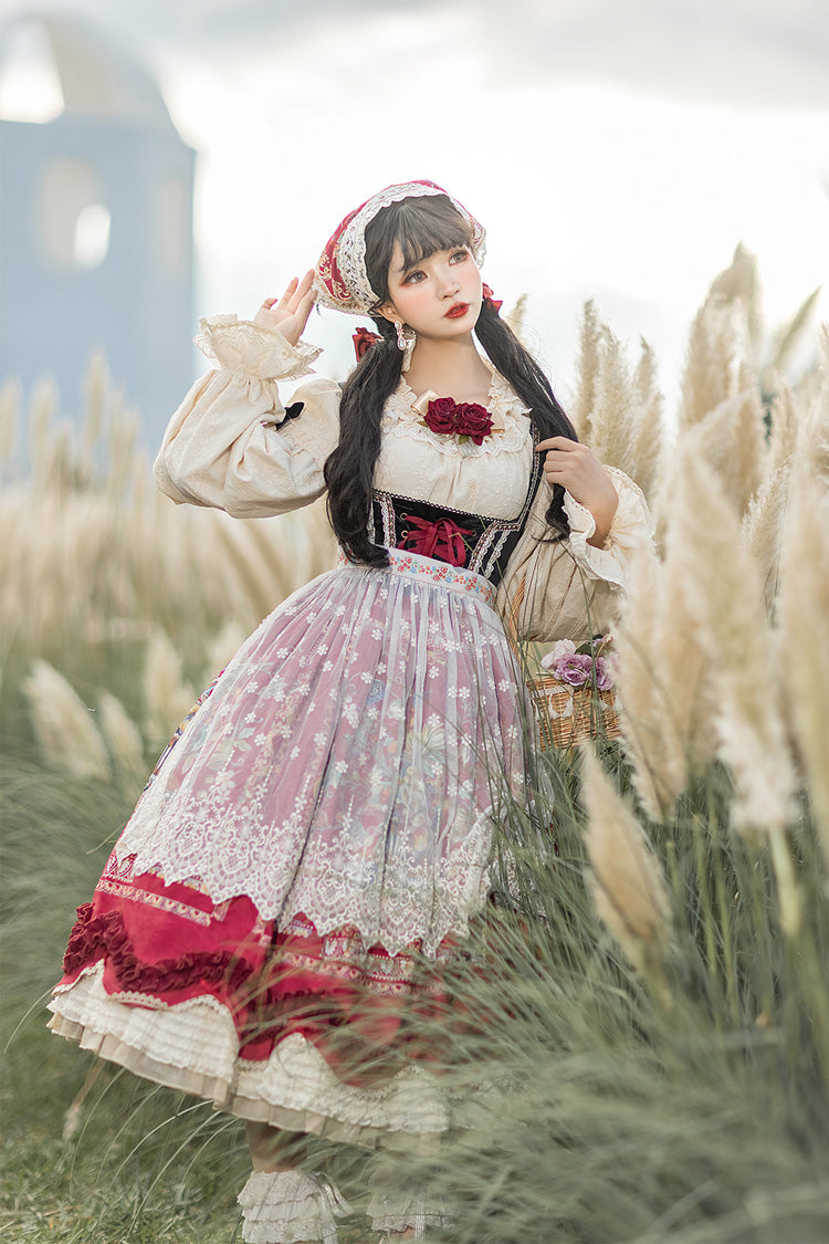 Lolita JSK Dress - Ode To Plenty, Red, Bow Detail, Ruffled, Printed - additional product view 7