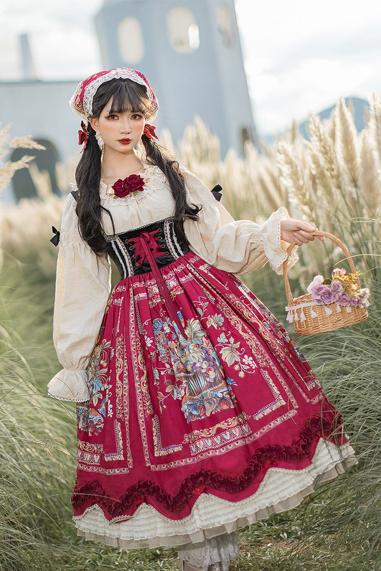 Lolita JSK Dress - Ode To Plenty, Red, Bow Detail, Ruffled, Printed - additional product view 9