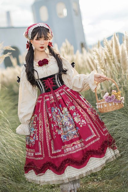 Lolita JSK Dress - Ode To Plenty, Red, Bow Detail, Ruffled, Printed - additional product view 9