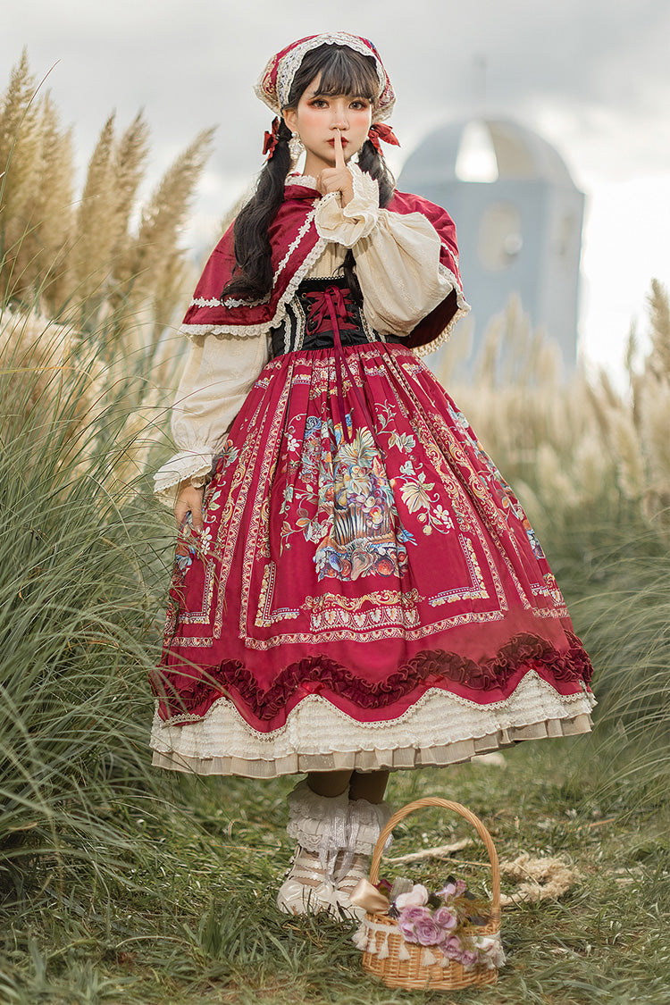 Lolita JSK Dress - Ode To Plenty, Red, Bow Detail, Ruffled, Printed - main product image