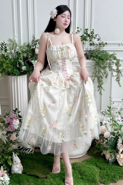Lolita JSK Dress - Off White Spring Bouquets, White, Bow Detail, Ruffled, Embroidered - additional product view 2