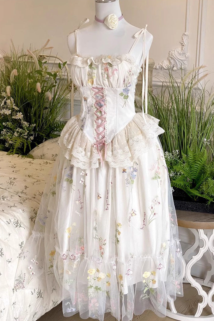 Lolita JSK Dress - Off White Spring Bouquets, White, Bow Detail, Ruffled, Embroidered - additional product view 3
