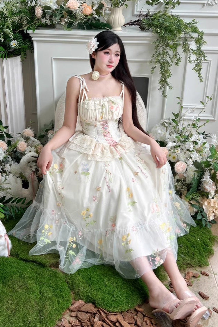 Lolita JSK Dress - Off White Spring Bouquets, White, Bow Detail, Ruffled, Embroidered - additional product view 4
