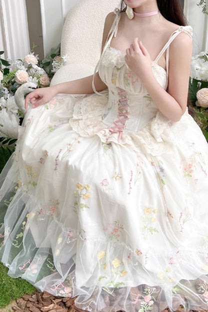 Lolita JSK Dress - Off White Spring Bouquets, White, Bow Detail, Ruffled, Embroidered - additional product view 5