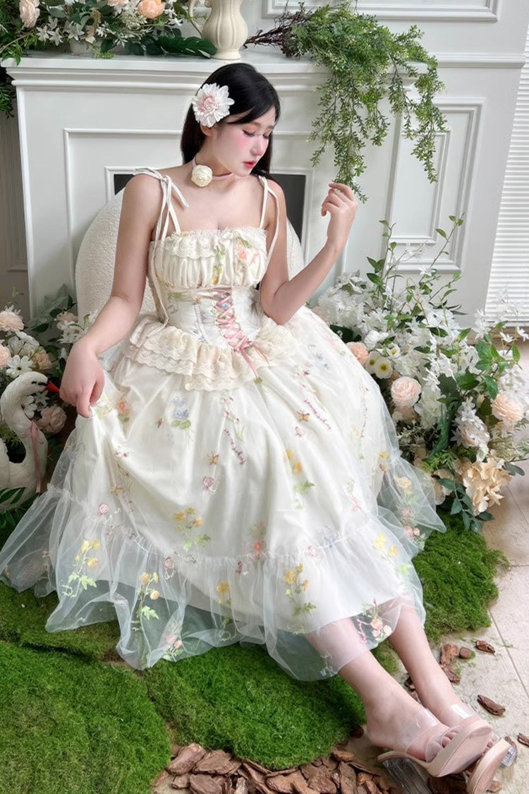 Lolita JSK Dress - Off White Spring Bouquets, White, Bow Detail, Ruffled, Embroidered - additional product view 6