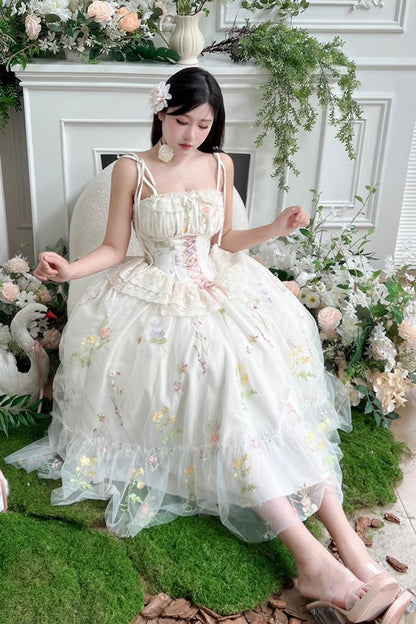 Lolita JSK Dress - Off White Spring Bouquets, White, Bow Detail, Ruffled, Embroidered - additional product view 7