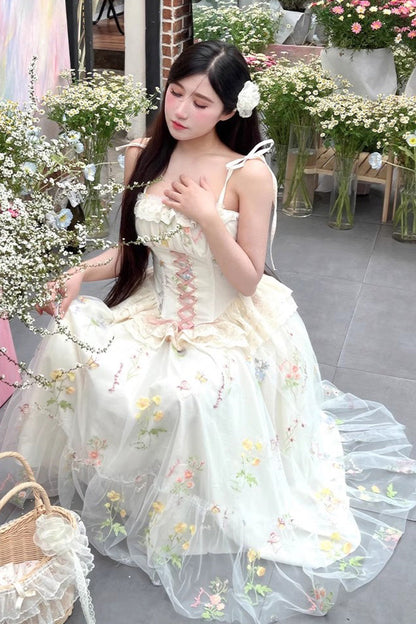 Lolita JSK Dress - Off White Spring Bouquets, White, Bow Detail, Ruffled, Embroidered - additional product view 10