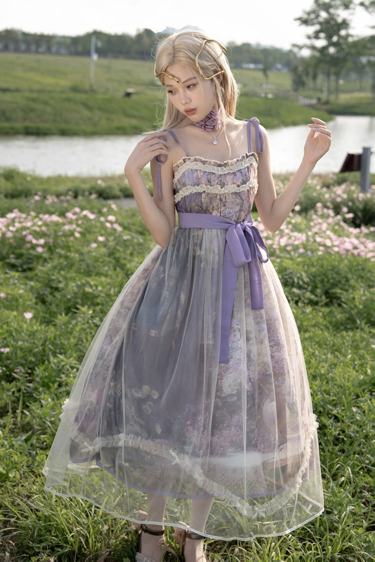 Lolita JSK Dress - Oil Painting – In The Shade Of, Purple, Ruffled, Printed, Sweet Style - main product image