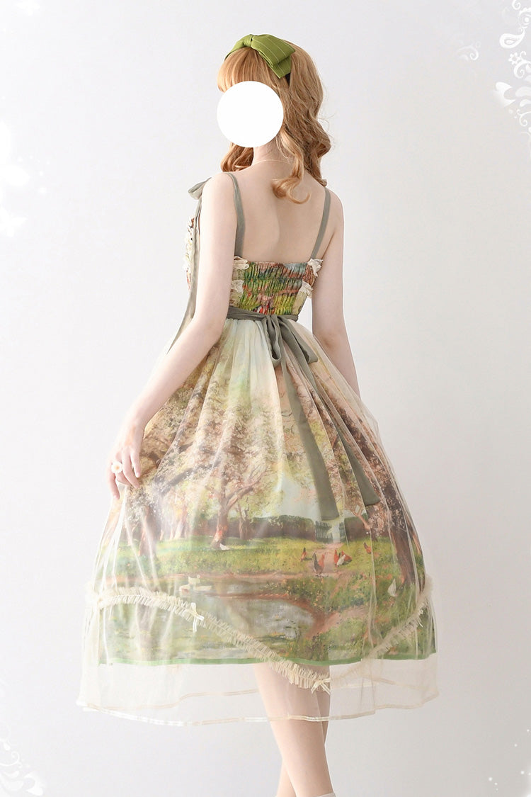 Lolita JSK Dress - Oil Painting – Spring, Green, Printed, Sweet Style, Bow Detail - additional product view 2